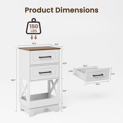Tall Nightstand Set of 2 Side Table Modern Night Stand with 2 Drawers Wooden Rustic End Table Bedside Table with Upper Open Shelf Solid Feet for Bedroom White+Walnut