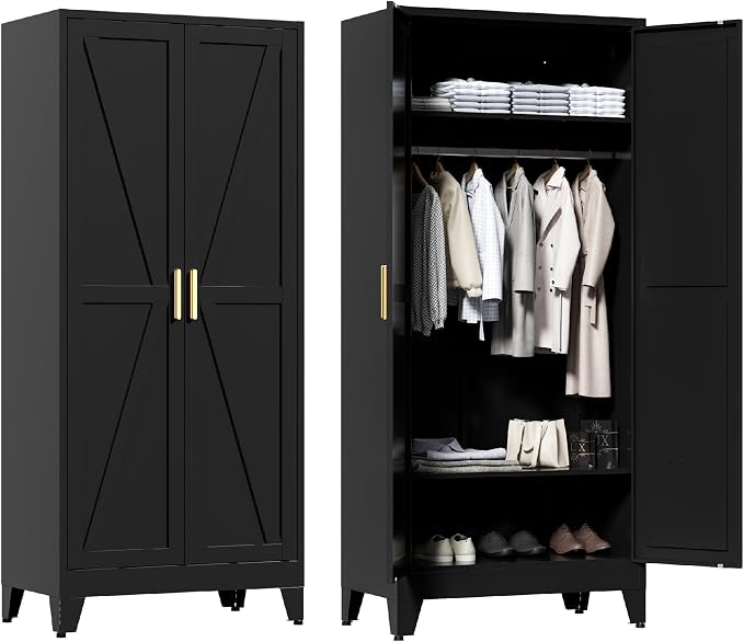 Washsemba 71'' Farmhouse Metal Wardrobe Cabinet with Hanging Rod, 2 Barn Door Wardrobe Closet with 2 Adjustable Shelves,for Dining Room,Bedroom,Living Room, Cloak Room,Office (Black)