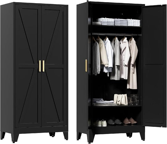 Washsemba 71'' Farmhouse Metal Wardrobe Cabinet with Hanging Rod, 2 Barn Door Wardrobe Closet with 2 Adjustable Shelves,for Dining Room,Bedroom,Living Room, Cloak Room,Office (Black)