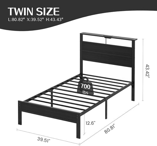 Black Twin Bed Frame with LED Lights and USB Charging Station, Modern Metal Platform Bed with Storage Headboard and Under-Bed Space, Noise Free, Sturdy Frame, No Box Spring Needed, Easy Assembly