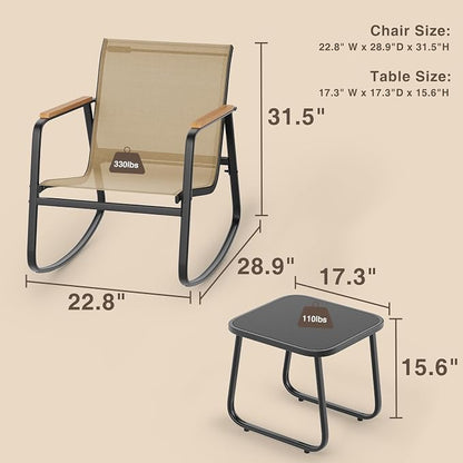 Ahomly 3-Piece Outdoor Rocking Bistro Set, Outdoor Patio Furniture Set with Textilene Fabric, Patio Rocking Chairs and Glass Table for Garden Balcony Backyard Poolside Brown