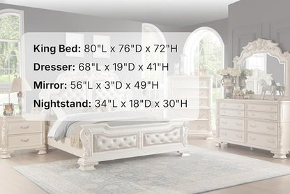 First of a Kind Victoria Off White Traditional 4 Piece King Bedroom Set with Upholstered Tufted Headboard Elegant European Inspired Design Coordinated Furniture Collection