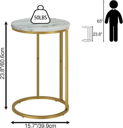 Function Home C Table End Table, Marble C Shaped Sofa Side Table, Couch Tables that Slide Under, Snack Accent Table for Living Room Bedroom Small Space, Marble Top and Gold Metal Frame