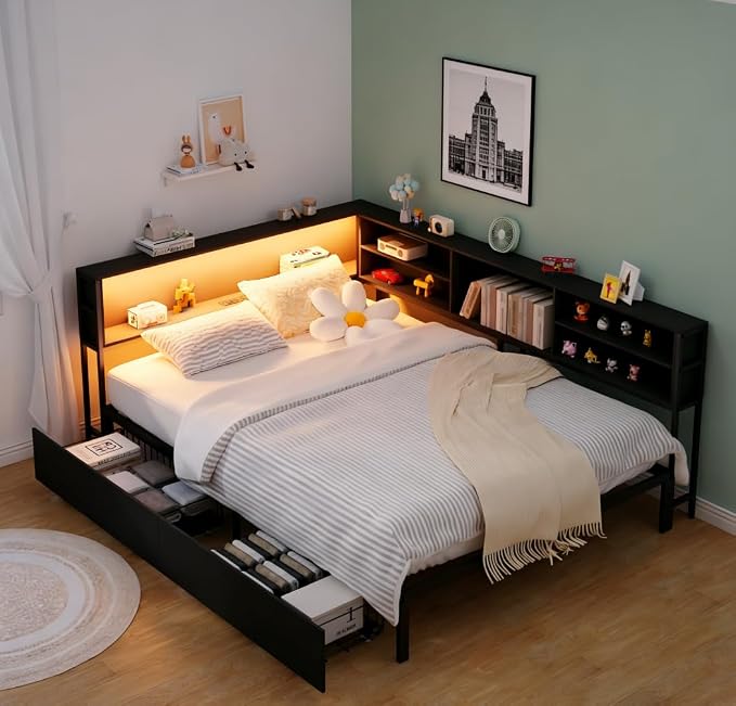 Bellemave Full Corner Bed Frame with Storage, Full Captains Bed with Charging Station, LED Light, Wood Daybeds with L-Shaped Bookcase and 2 Drawers, Black