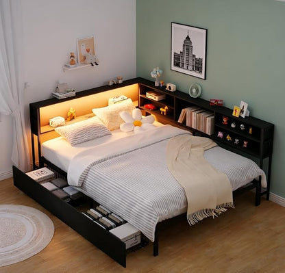Bellemave Full Corner Bed Frame with Storage, Full Captains Bed with Charging Station, LED Light, Wood Daybeds with L-Shaped Bookcase and 2 Drawers, Black