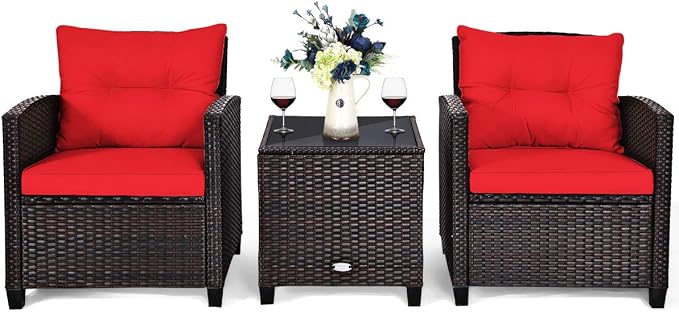 Tangkula 3 Pieces Patio Furniture Set, PE Rattan Wicker 3 Pcs Outdoor Sofa Set w/Washable Cushion and Tempered Glass Tabletop, Conversation Furniture for Garden Poolside Balcony (Red)
