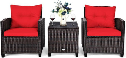 Tangkula 3 Pieces Patio Furniture Set, PE Rattan Wicker 3 Pcs Outdoor Sofa Set w/Washable Cushion and Tempered Glass Tabletop, Conversation Furniture for Garden Poolside Balcony (Red)
