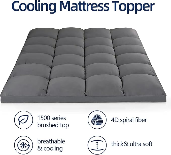 Mattress Topper Super Queen for Back Pain, Extra Thick Mattress Pad Cover, Plush Pillow Top, Deep Elastic Pocket, Grey, 66"X80"+20"