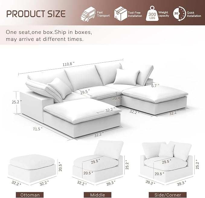 Modular Sectional Sofa,Extra Comfty Deep-Seat-Filled Couch,White 5 Seat U Shape Sofas with Movable Ottoman,Modern Couches for Living Room, Apartment,Office,Small Space
