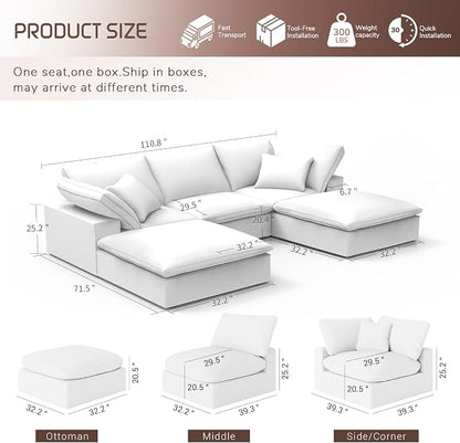 Modular Sectional Sofa,Extra Comfty Deep-Seat-Filled Couch,White 5 Seat U Shape Sofas with Movable Ottoman,Modern Couches for Living Room, Apartment,Office,Small Space