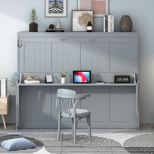 Virubi Full Horizontal Murphy Bed with Desk,Solid Wood Folding Hideaway Murphy Wall Bed for Adult,Guest Room (Grey,Full)