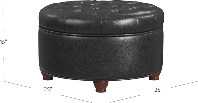 HomePop 25" Button Tufted Round Storage Ottoman - Black Faux Leather