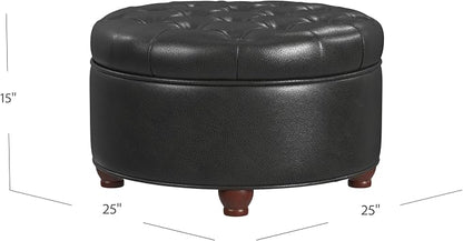 HomePop 25" Button Tufted Round Storage Ottoman - Black Faux Leather