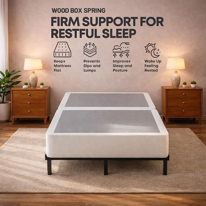 Treaton, 8-Inch Sturdy Wood Box Spring for Mattress Support - Durable and Fully Assembled, Natural Wood Foundation for Twin, White