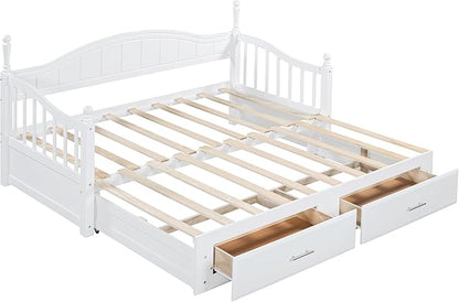 Merax Multifunctional Extending Day Bed with Trundle & Drawers Twin to King Wood Sofa Bed with Headboard No Box Spring Needed White