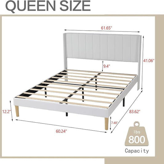 AGARTT Upholstered Platform Bed Frame Queen Size with Headboard and Footboard/Wooden Slats Support/No Box Spring Needed/Easy Assembly,White Linen
