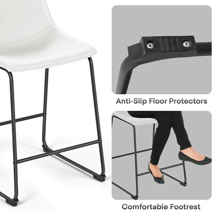Athena Collection 23'' Counter Height Bar Stools Bar Chairs Set of 2 Modern PU Leather Bucket Chairs with Back Soft Foam Filled Metal Frame Bar Stools with Footrest for Pub, Bistro, Kitchen, White