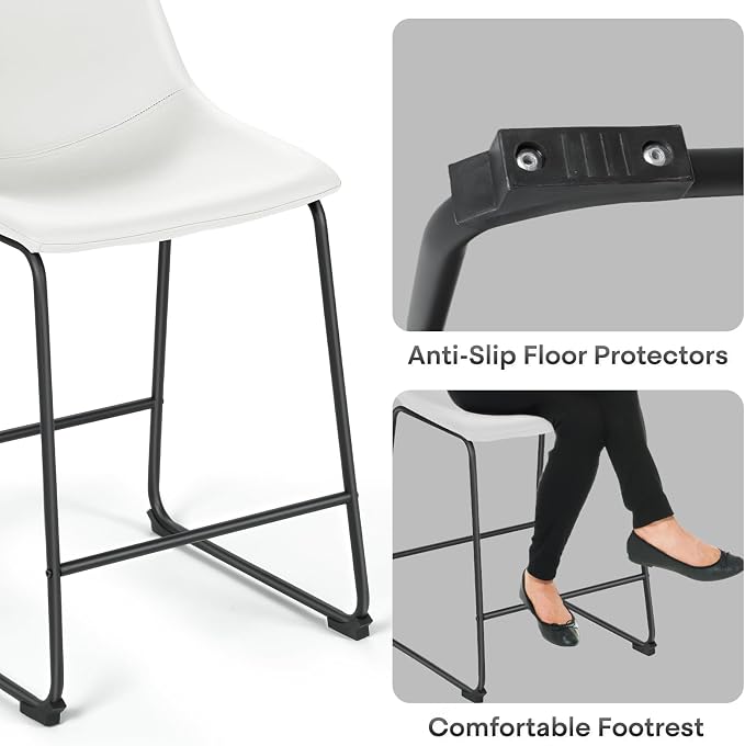 Athena Collection 23'' Counter Height Bar Stools Bar Chairs Set of 2 Modern PU Leather Bucket Chairs with Back Soft Foam Filled Metal Frame Bar Stools with Footrest for Pub, Bistro, Kitchen, White