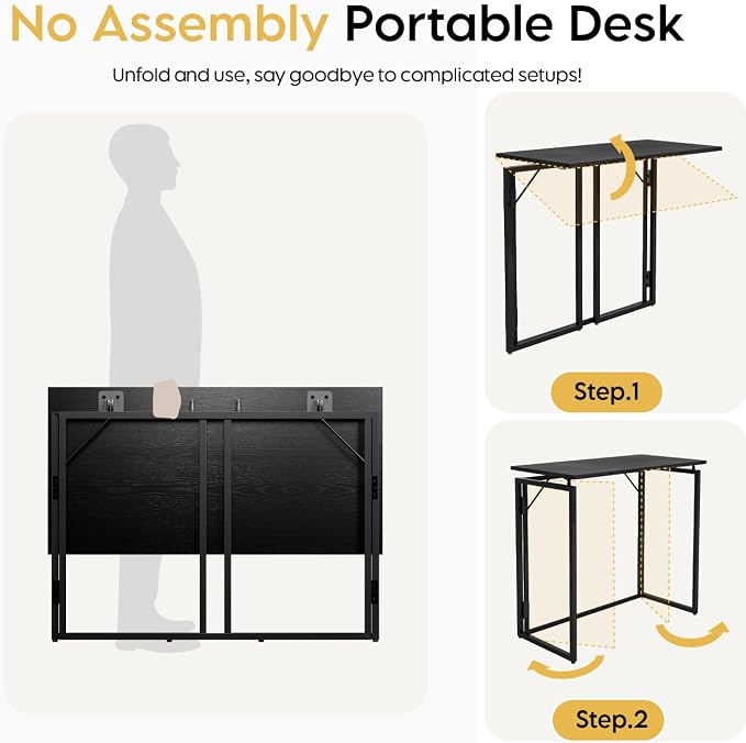 alawooder 31.5" Folding Desk: No Assembly, Wood Top for Small Spaces | Home office desk, holds 150 lbs, folds flat to 2.3 in, splash-proof wood top, sturdy metal frame