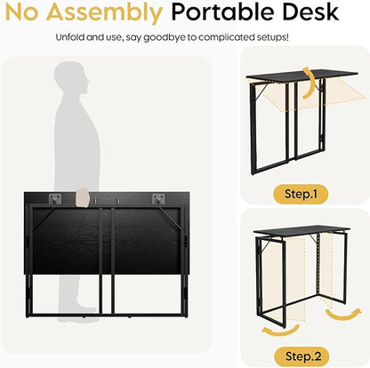 alawooder 39.4" Folding Desk: No Assembly, Wood Top for Small Spaces | 39.4 in dual-monitor workspace, holds 150 lbs, folds flat to 2.3 in, splash-proof top, home office or gaming