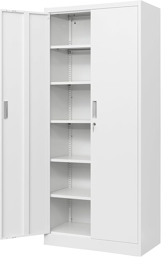 Wanfu Metal Storage Cabinet, 71”H Locking Storage Cabinet with 5 Adjustable Shelves, Steel Cabinets for Garage, Home, Office, Pantry (White)