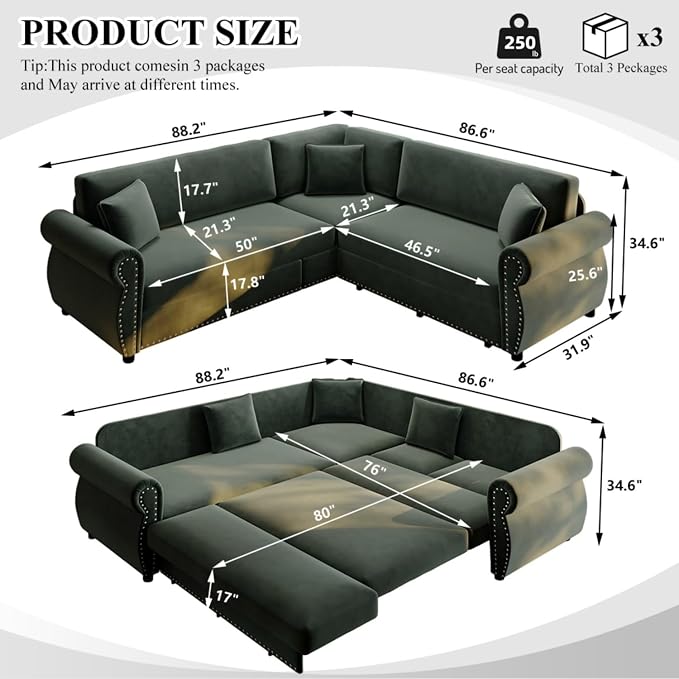 88.2" Sectional Sleeper Sofa with Pull Out Bed - Oversize L-Shaped Convertible Sleeper Couch Bed, Button Tufted Chesterfield Sofa, Chenille Vintage Couches for Living Room/Apartment(4-Seater, Green) | Pull Out couch Bed