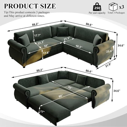 88.2" Sectional Sleeper Sofa with Pull Out Bed - Oversize L-Shaped Convertible Sleeper Couch Bed, Button Tufted Chesterfield Sofa, Chenille Vintage Couches for Living Room/Apartment(4-Seater, Green) | Pull Out couch Bed