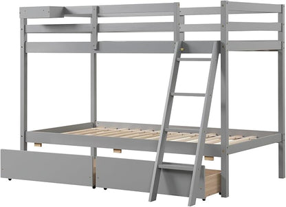 KOTEK Bunk Bed Twin Over Twin with 2 Storage Drawers, Solid Wood Bunk Bed Frame with Storage Cube, Guardrails, Ladder, No Box Spring Needed, Twin Bunk Beds for Kids Teens (Grey)