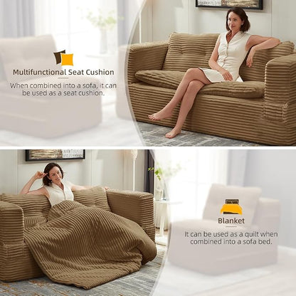 80'' Futon Sofa Bed, King Size Foldable Sleeper Sofa, Corduroy Boneless Loveseat Couch with Chaise Lounge, 3 Pillows, Blanket, Upholstered Sectional Couches for Living Room, Bedroom, Camel