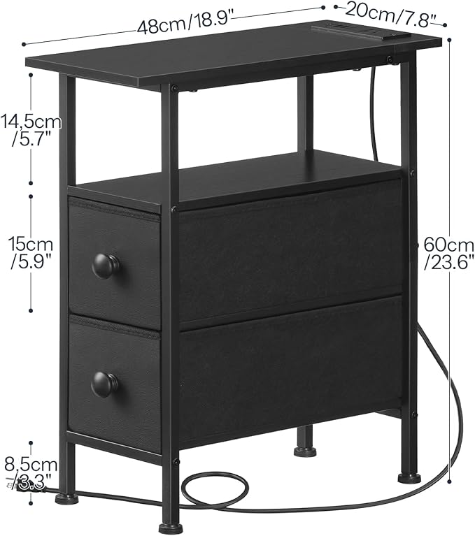 HOOBRO End Table with Charging Station, Narrow Side Table with 2 Fabric Drawers, Skinny Nightstand with Storage, Slim Bedside Table for Bedroom, Living Room, Small Spaces, Black BB487UBZ01