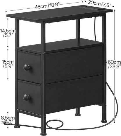 HOOBRO End Table with Charging Station, Narrow Side Table with 2 Fabric Drawers, Skinny Nightstand with Storage, Slim Bedside Table for Bedroom, Living Room, Small Spaces, Black BB487UBZ01