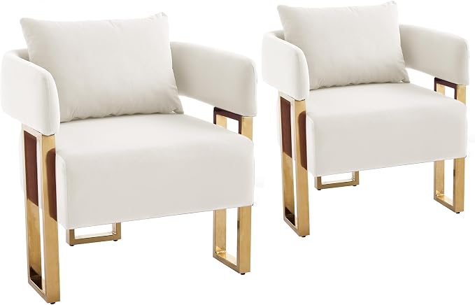 YISHENG Modern Barrel Accent Chairs Set of 2, Living Room Side Chairs with Golden Metal Legs Velvet Upholstered Reading Armchairs no Wheels for Vanity/Reception Room//Bedroom/Lounge/Office, White