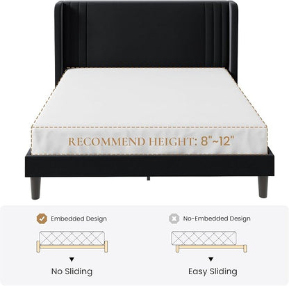 SHA CERLIN Full Size Velvet Upholstered Platform Bed Frame with Vertical Channel Tufted Wingback Headboard, Wooden Slats Support, Easy Assembly, Under Bed Storage, No Box Spring Required, Black