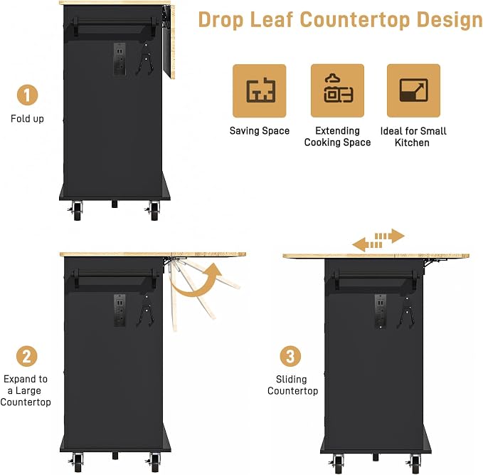 Hlivelood 59.1" Movable Kitchen Island with Drop Leaf and Power Outlet, Rolling Island Cart w/Storage Cabinet, Island Table on Wheels for Kitchen w/2 Drawers, Spice Rack, Towel Bar, Garage Hook, Black