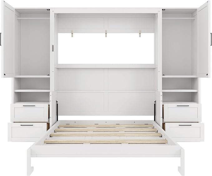 Merax Queen Size Murphy Bed with Desk, Closet, Drawers and Shelves, Fold into the Wall, Space-Saving Foldable Wood Platform Bed Frame for Small Spaces Studio Study Office Guest Room, White