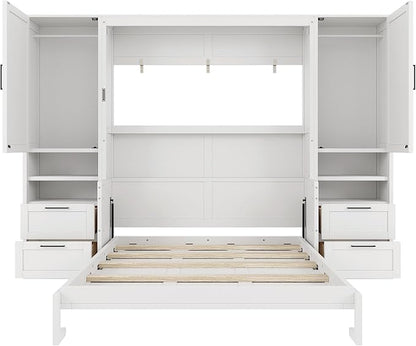 Merax Queen Size Murphy Bed with Desk, Closet, Drawers and Shelves, Fold into the Wall, Space-Saving Foldable Wood Platform Bed Frame for Small Spaces Studio Study Office Guest Room, White
