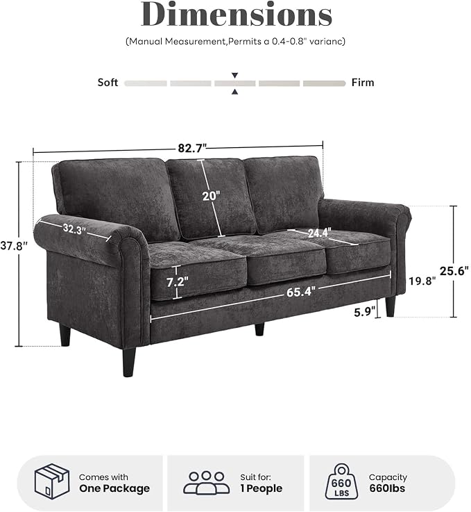 Kingfun 3 Seater Couch, Mid Century Modern Sofa with Rolled Arms and Deep Seats, Fluffy Comfort for Living Room, Apartment, Easy Assembly, Gray