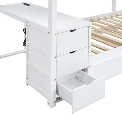 Harper & Bright Designs Twin Over Twin Bunk Bed Twin Size Trundle, Wood Twin Bunk Bed with USB Ports, Storage and Desk, White