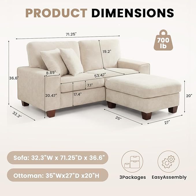 DOPEDIO L-Shaped Sectional Sofa with Storage Ottoman, Modern Chenille Recliner Loveseat, Removable Couch Covers, Pocket Spring Cushions, Solid Wood Frame, Easy to Install (71.25inch, Beige)