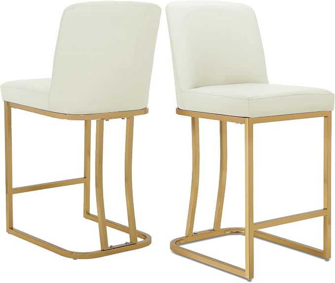 Athena Collection Counter Height Bar Stools Set of 2, 23.5 Inches Leather Upholstered Barstool Set of 2 with Back and Metal Legs, Modern Bar Stool Chairs for Kitchen Island, Dining Room, White