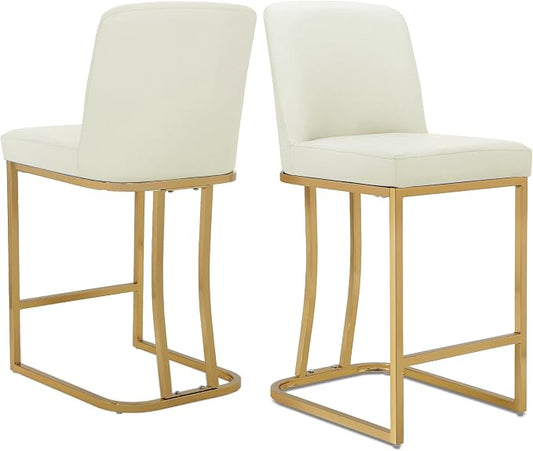 Athena Collection Counter Height Bar Stools Set of 2, 23.5 Inches Leather Upholstered Barstool Set of 2 with Back and Metal Legs, Modern Bar Stool Chairs for Kitchen Island, Dining Room, White