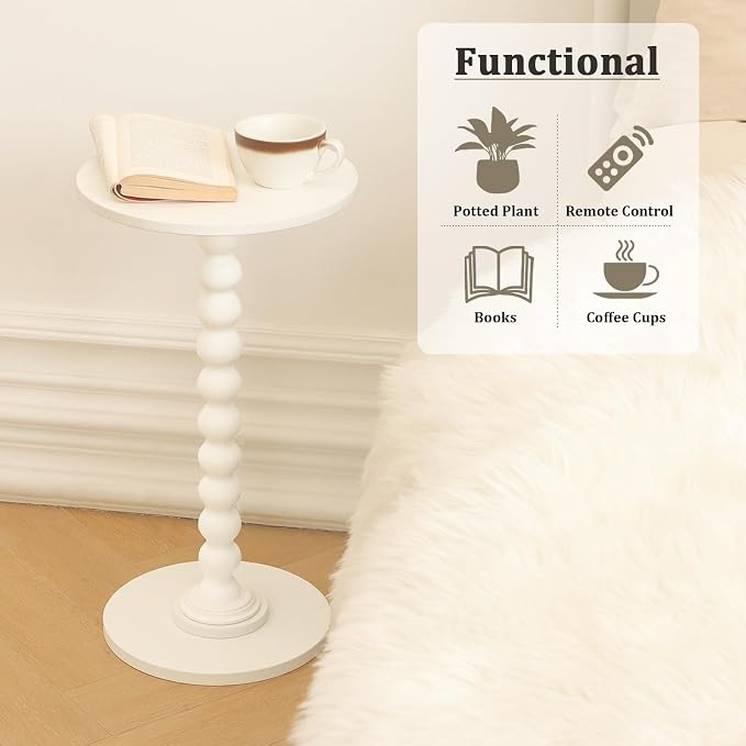Fultyle Round Side Table, Small Drink Table for Small Spaces, Modern Accent End Table Nightstand with Solid Wood Leg for Living Room, Bedroom, Corners, and Office (White)