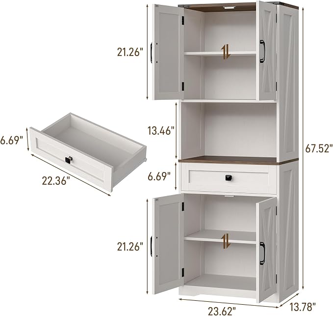 Halitaa Tall Kitchen Pantry Storage Cabinet, Farmhouse Storage with Organizer, Large Capacity Bathroom Cabinet with Drawer,Freestanding Cupboard for Kitchen, Dining Room, White