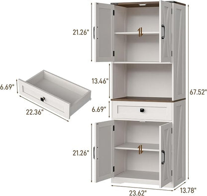 Halitaa Tall Kitchen Pantry Storage Cabinet, Farmhouse Storage with Organizer, Large Capacity Bathroom Cabinet with Drawer,Freestanding Cupboard for Kitchen, Dining Room, White