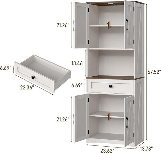 Halitaa Tall Kitchen Pantry Storage Cabinet, Farmhouse Storage with Organizer, Large Capacity Bathroom Cabinet with Drawer,Freestanding Cupboard for Kitchen, Dining Room, White