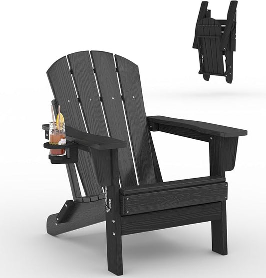 Folding Adirondack Chair, All-Weather HDPE Outdoor Chair, Wooden Textured with Cup Holder for patios, Decks, Gardens, fire pits, Black