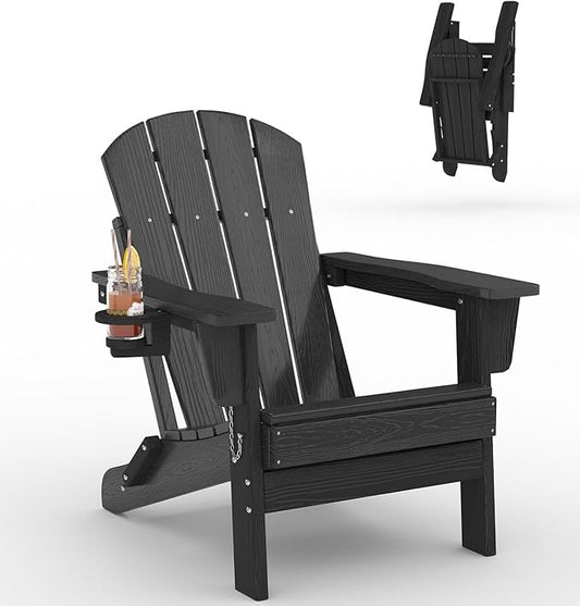 Garvee Folding Adirondack Chair, HDPE Outdoor Patio Chair with Cup Holder, All Weather Resistent Wooden Textured for patios, Decks, Gardens, fire Pit, Black