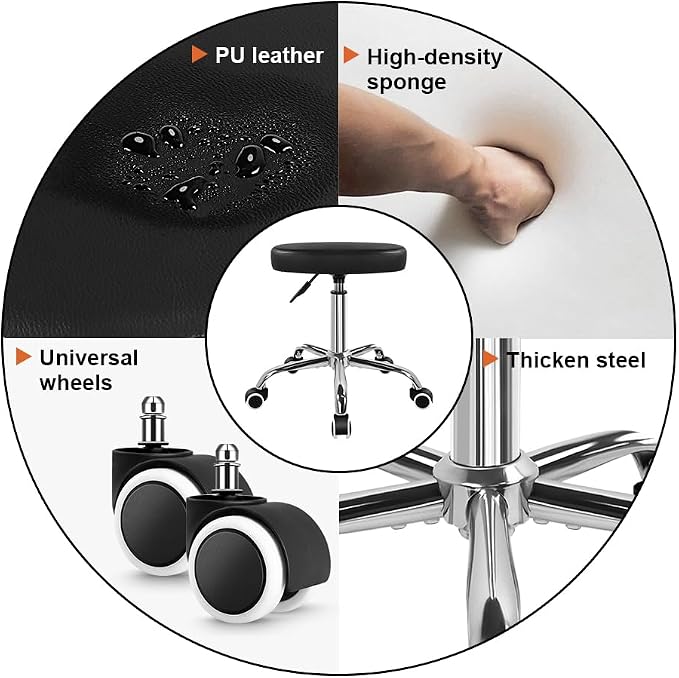 KKTONER Square Rolling Stool Swivel Height Adjustable Stool for Office Salon Home Coffee Shop Bar SPA Chair Black