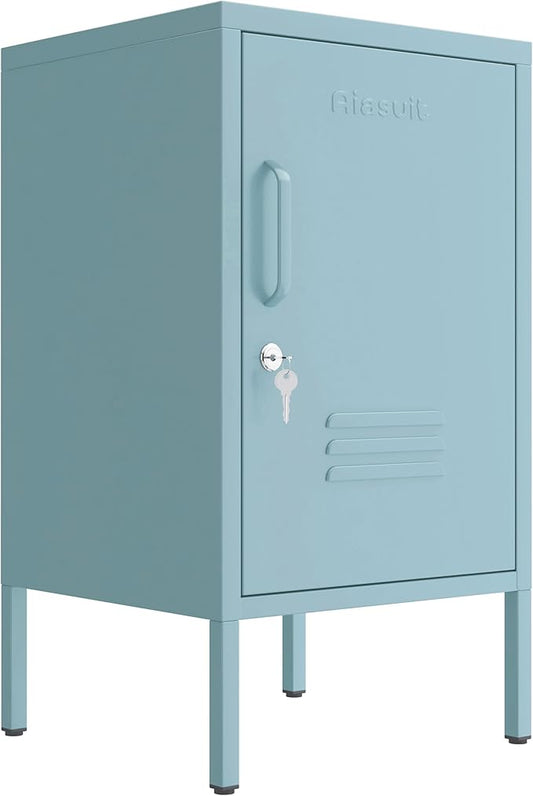 Single Door Lockable Metal End Table & Children's Bedside Table, 2-Tier Storage Cabinet with Adjustable Shelf, Easy Assembly Side Table for Living Room Bedroom Home Office Blue