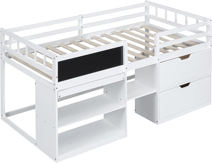 Bellemave Twin Size Low loft Bed for Kids,Wood Loft Beds,Modern Farmhouse Twin loft Bed,Loft Bed with Rolling Desk and Storage, Shelf and Drawers No Box Spring Needed,for Kids, White
